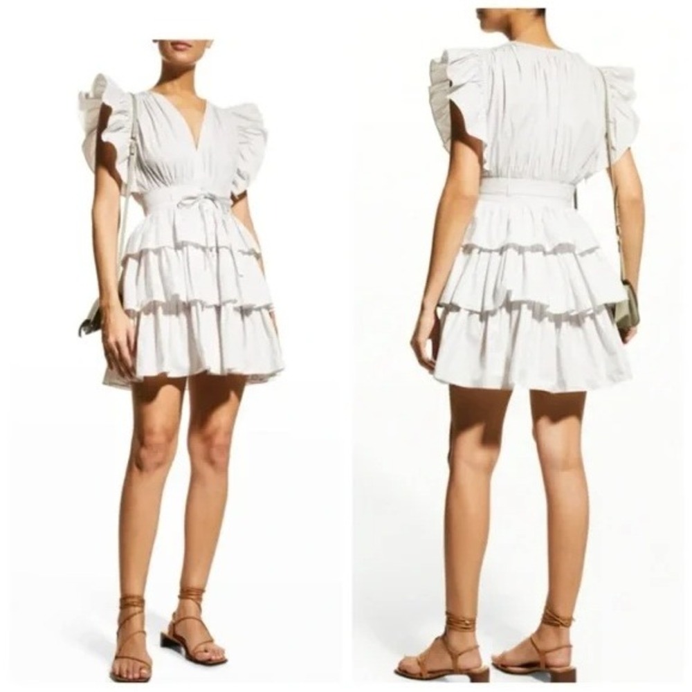 Ulla Johnson Sena Tiered Flutter-Sleeve Ruffle Dress in Dove Light Gray Size 10 - Picture 13 of 13